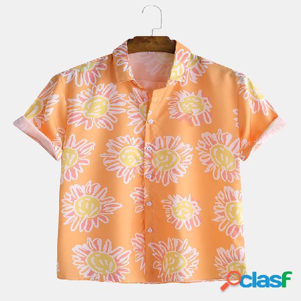 Mens Sun Floral Print Turn Down Collar Camisas de manga