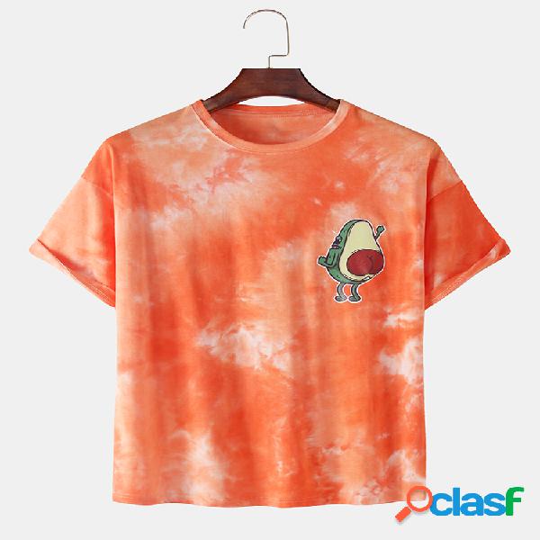 Mens Tie Dye Abacate Print Loose Respirável Casual O-Neck