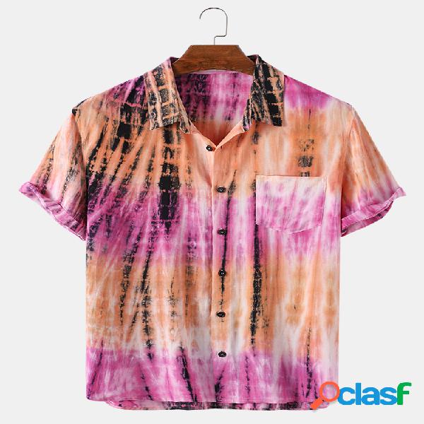 Mens Tie-Dye Print Loose Light Casual Peito Pocket Camisas