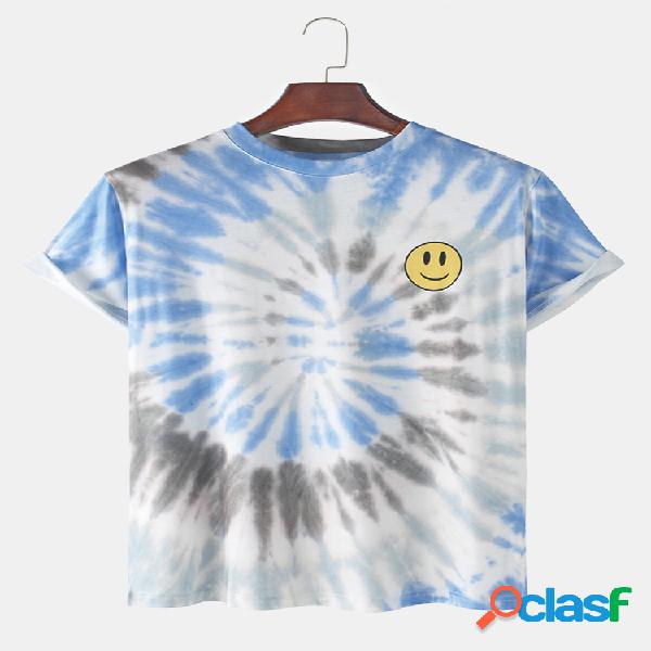 Mens Tie-Dye Smile Face Print Loose Casual O-Neck T-Shirts
