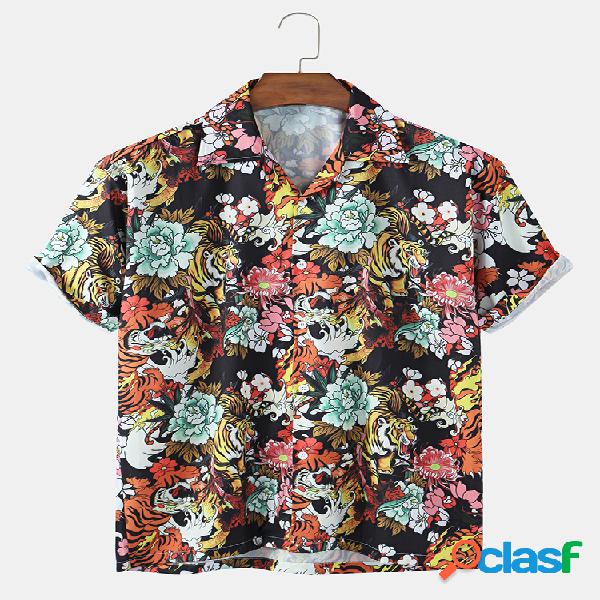 Mens Tiger & Floral Print Camisas de manga curta