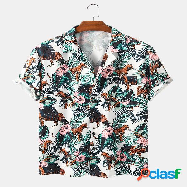 Mens Tiger & Forest Print Camisas de manga curta casuais