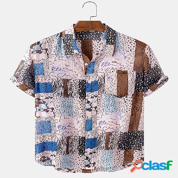 Mens Vintage Ethnic Print Respirável Light Camisas de manga