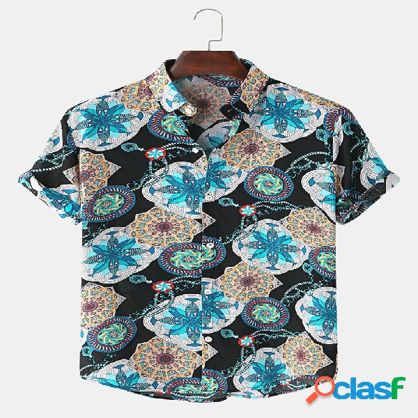 Mens Vintage Floral Impresso respirável Lapel Collar