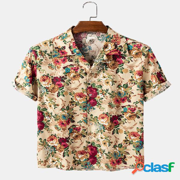 Mens Vintage Floral Print Holiday Casual Light Camisas de