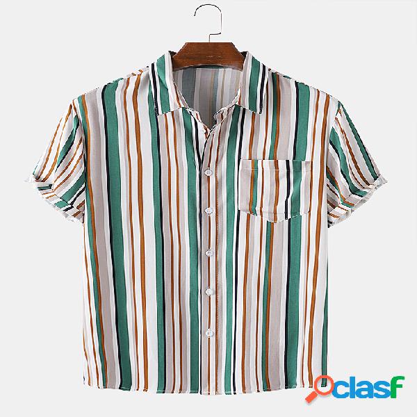 Mens Vintage Multi Color Striped Turn Down Collar Light