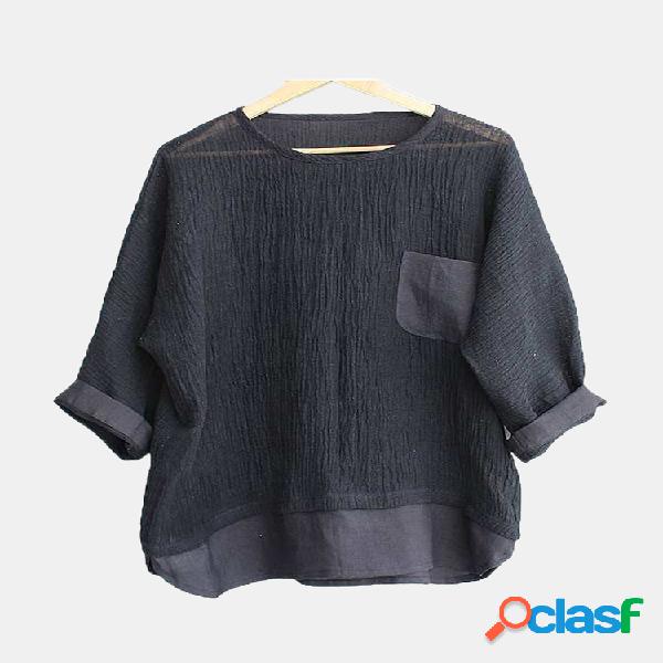 Mens algodão causais cor sólida manga longa gola T Camisa