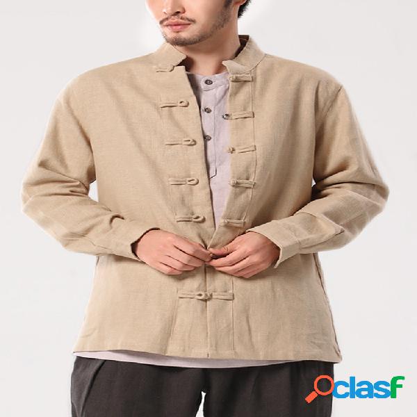 Mens algodão vintage sólido chinês botão gola Camisa