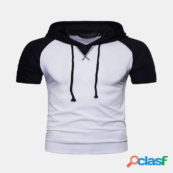 Mens cordão com capuz t Camisa patchwork manga curta verão