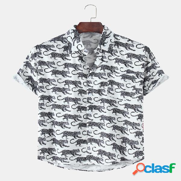 Mens engraçado leopardo allover impresso camisas de manga