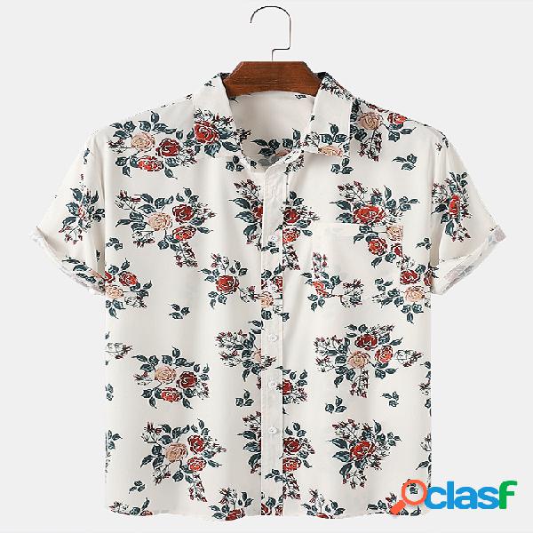 Mens floral impresso leve casual camisas de manga curta com