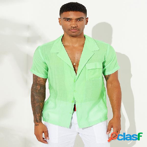 Mens fluorescente cor ver através olhar manga curta leve