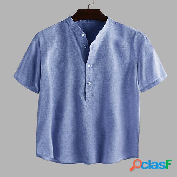 Mens linho algodão casual mangas curtas henley Camisa