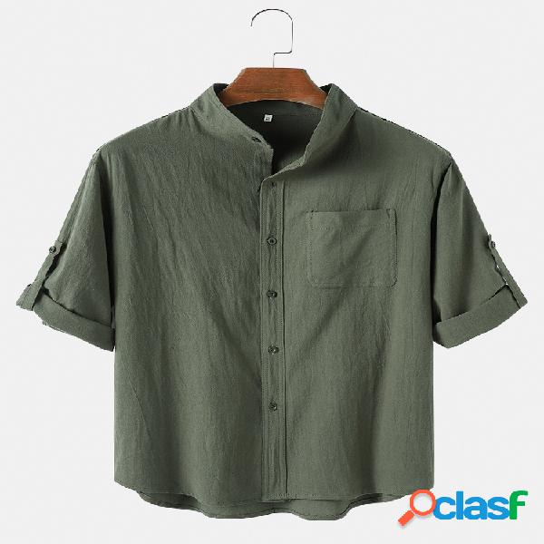 Mens linho luz ocasional gola cotovelo mangas Camisa com