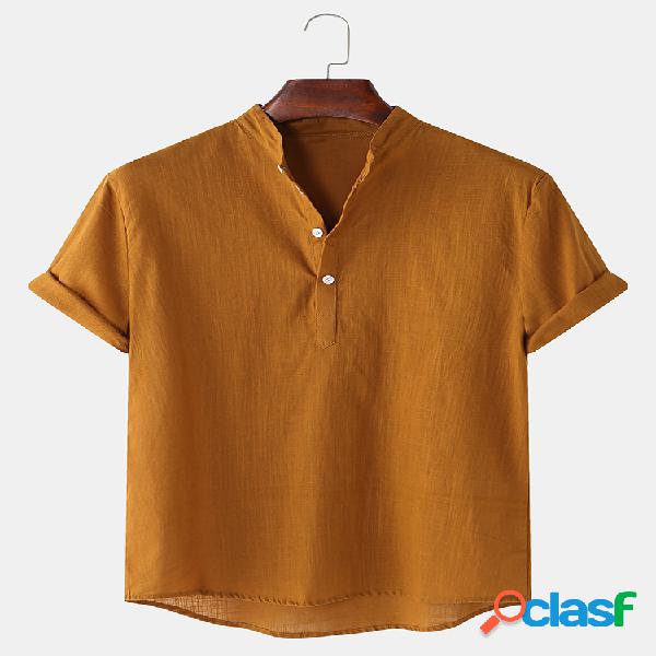Mens linho respirável gola manga curta sólida henley
