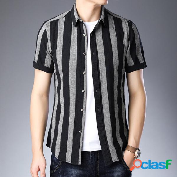 Mens listras casuais camisa slim algodão de manga curta