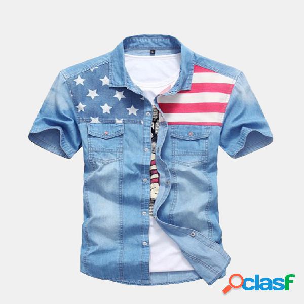 Mens primavera verão patchwork denim camisas bolsos