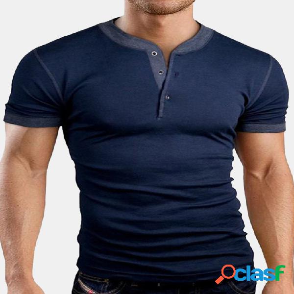 Mens respirável cor sólida o pescoço manga curta slim fit