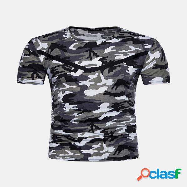 Mens verão camuflagem militar tático o pescoço manga