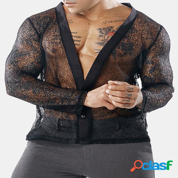 Mens verão com decote em v manga comprida camisas