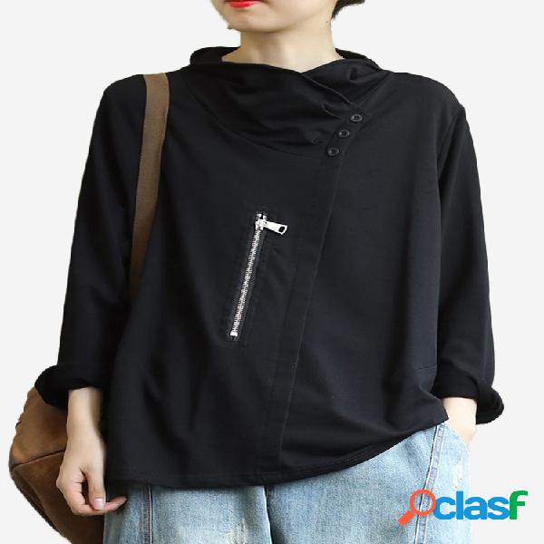 Moletom casual com zíper e meia gola