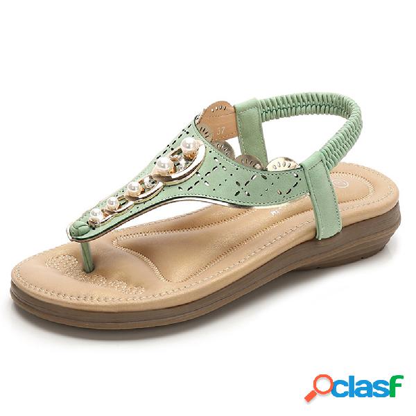 Mulheres Bohemia Soft Pearl Sandálias Flip Flops