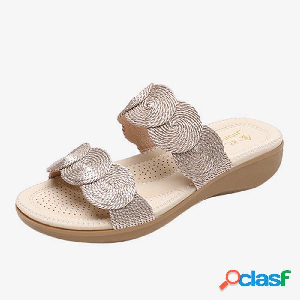 Mulheres Bohemian Double Banda Woven Praia Casual Wedges