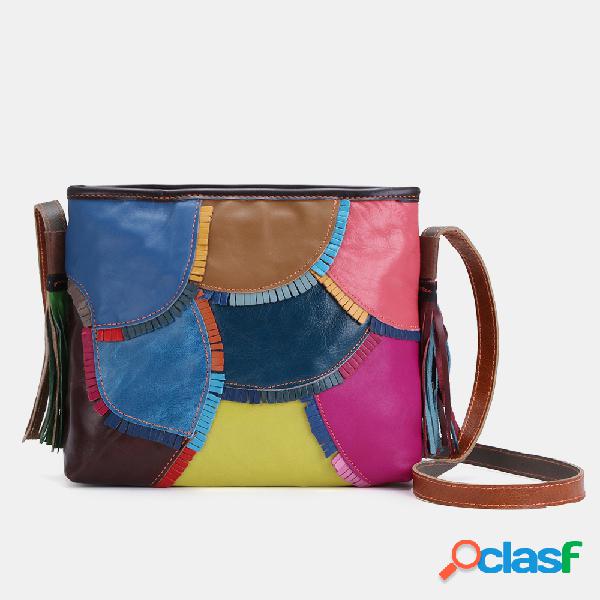 Mulheres Couro Genuíno Patchwork Bolsas de ombro Tassel