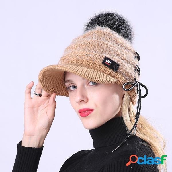 Mulheres Inverno Malha Plus Veludo Quente Cap Grande Cabelo