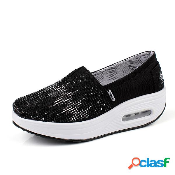 Mulheres Rhinestone Splicing Canvas Rocker Sole Plataforma