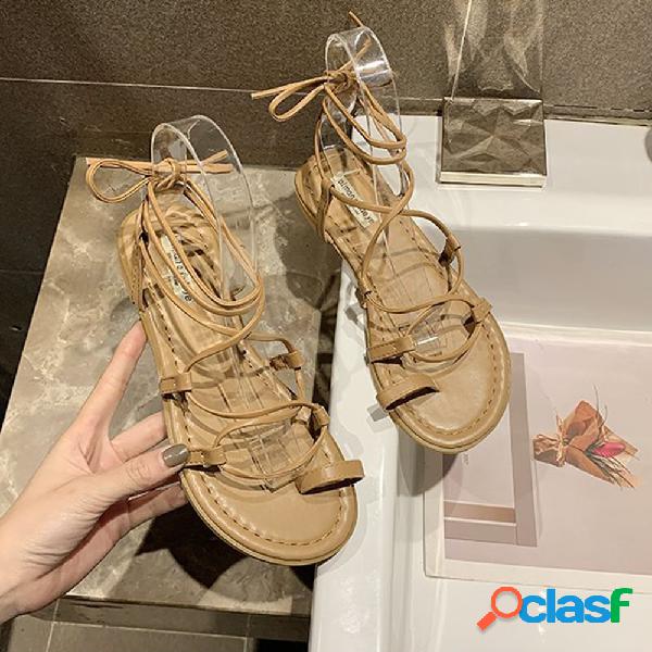 Mulheres Solid Color Lace Up Crossing Banda Sandálias