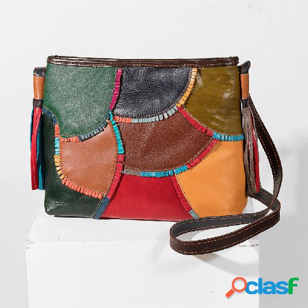 Mulheres Vintage Patchwork Couro Genuíno Crossbody Bolsa