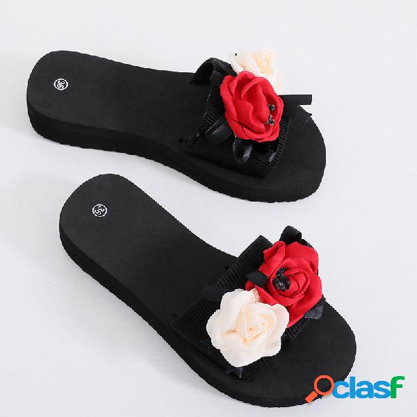 Mulheres flores decoração plataforma Soft chinelos de