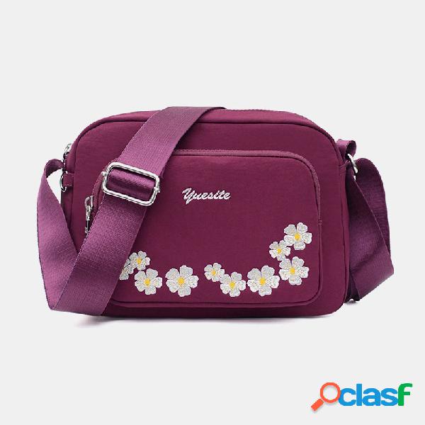 Mulheres impermeável multi-bolso bordado floral crossbody