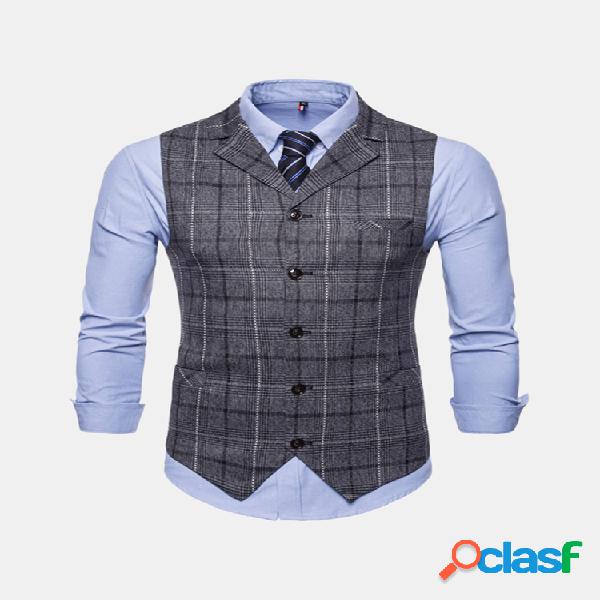 Negócios casuais Slim Fit Plaid Suit Collar Vest Coletes De