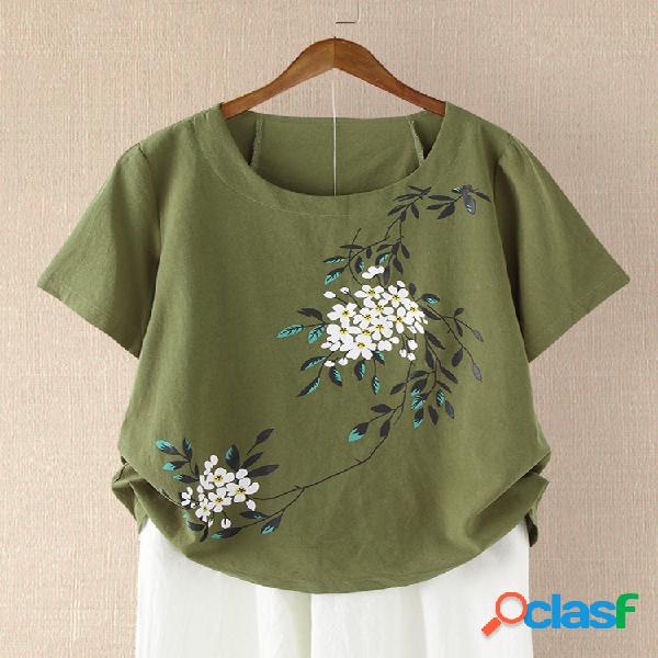 O-pescoço Floral Imprimir manga curta Casual T-shirt para