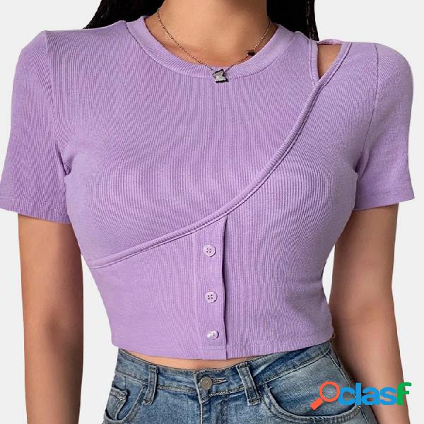 Oco Cor sólida Botão T-shirt de manga curta para mulheres