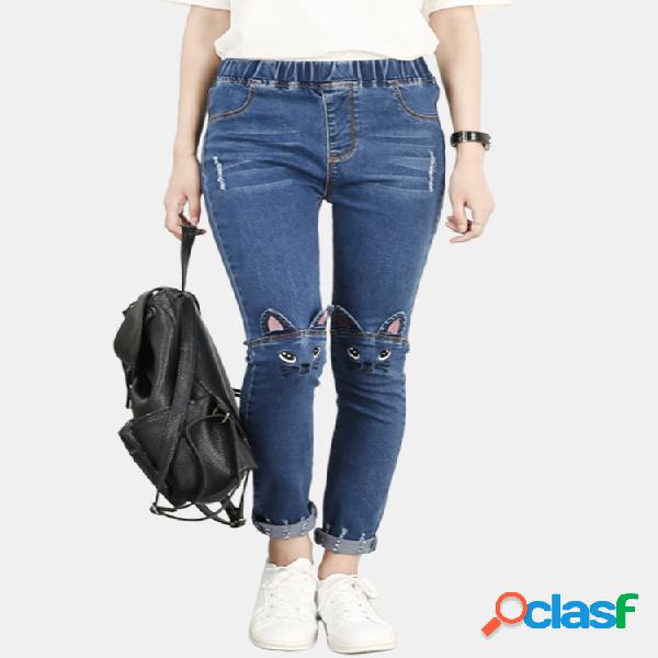 Orelhas de gato bordadas Patch cintura elástica Jeans