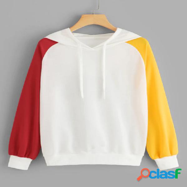 Patchwork Color Matching Drawstring Hoodie para mulheres