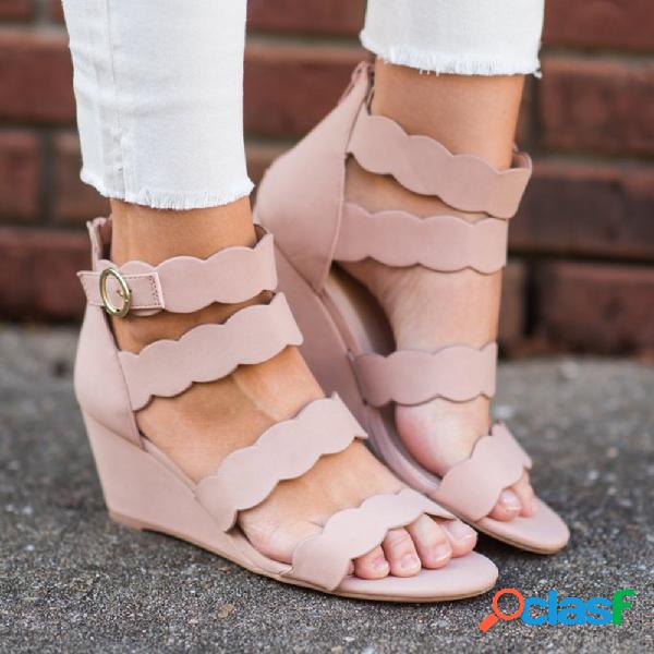 Plus tamanho mulheres verão cor sólida peep toe zíper
