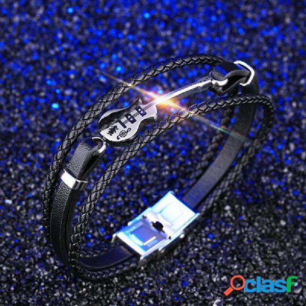 Pulseira de couro tecido multicamada vintage Guitarra oca
