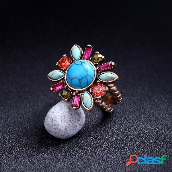 Retro Turquesa Flor Anel Colorful Strass Mulheres Anéis 2