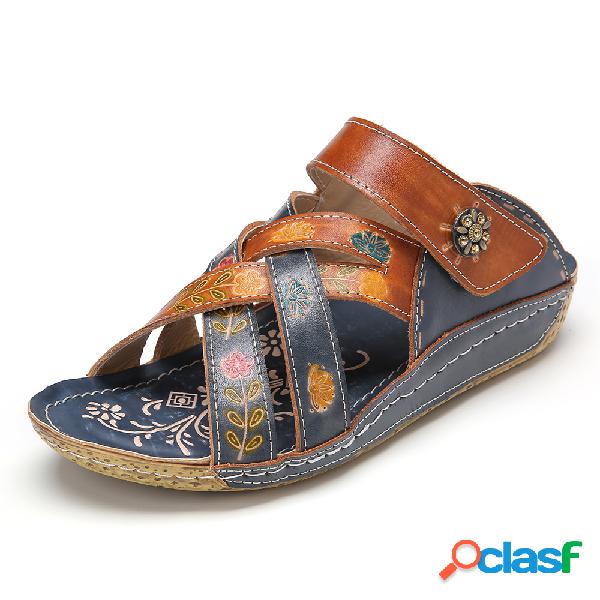 SOCOFY Couro retrô pintado em relevo Floral Slip-On Flat