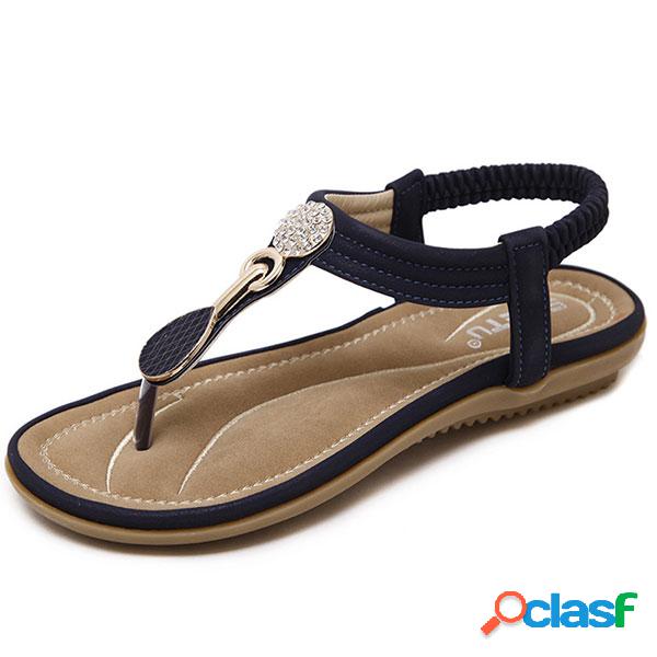 Sandálias Elásticas Planas Strass Decorativos Clip Toe