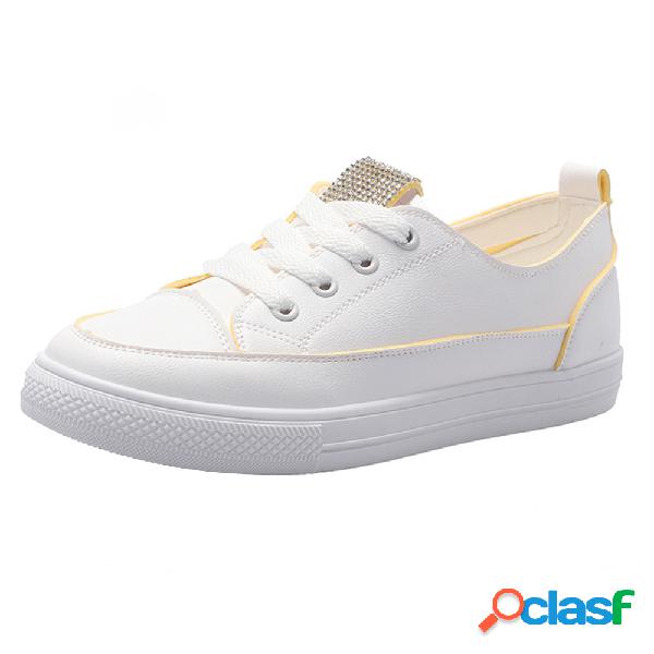 Strass Lace Up Skate Casual Sapatos Brancos Plana
