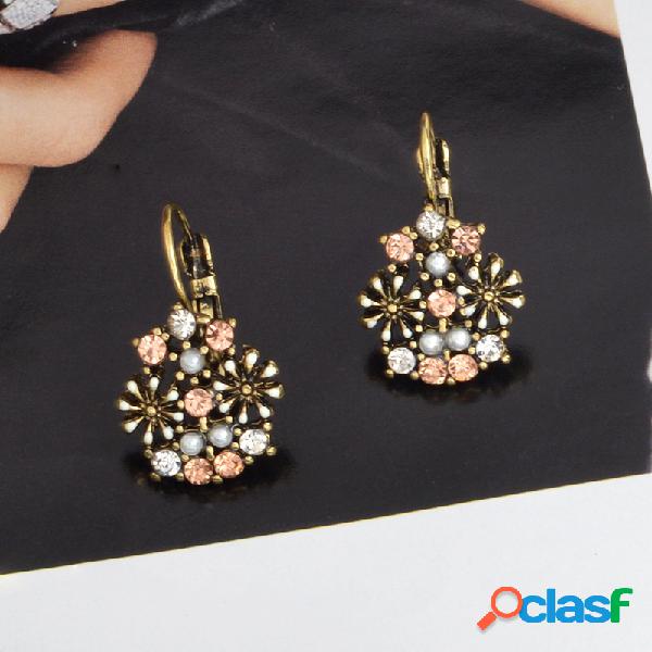 Strass retro flor Brincos diamante pérola Orelha gota para