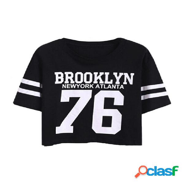 Stripe Letter Print manga curta O-pescoço Casual T-shirts