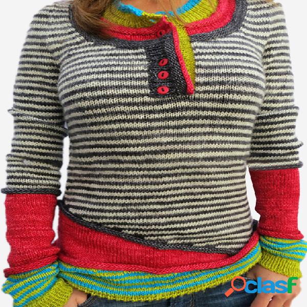Stripe manga comprida botão contraste cor camisola para as