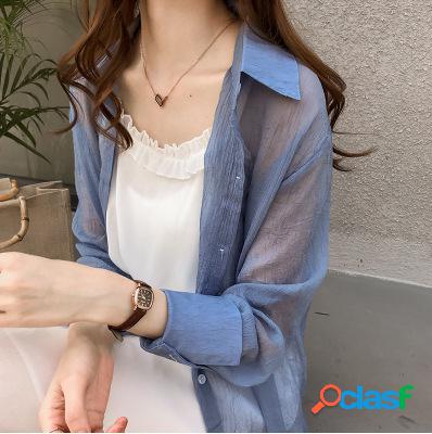 Tamanho grande Cor sólida Camisa Feminino Manga comprida