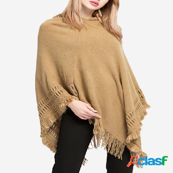 Tassels Com Capuz Hem Assimétrica Oversized Poncho Sweater